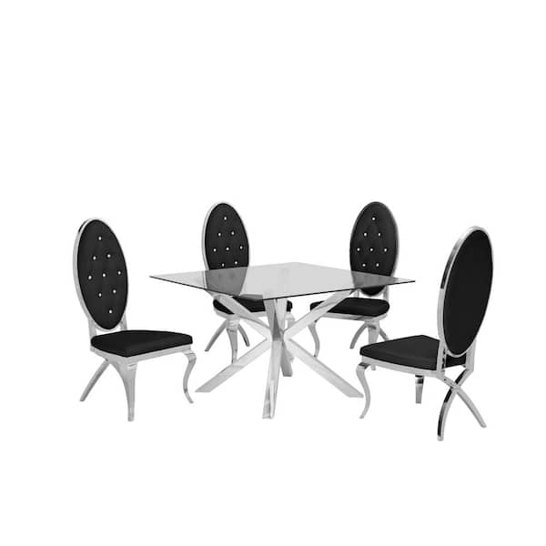 Best Quality Furniture Anitta 5-Piece Square Glass Top With Stainless Steel Base Table Set With 4 Black Velvet Chairs With Crystals