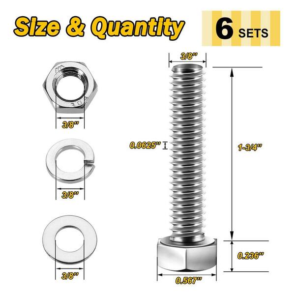 3/8 in.-16 x 1-3/4 in. Stainless Steel Uncoated Hex Bolt with Nut, Washer and Lock Washer (6-Pack)