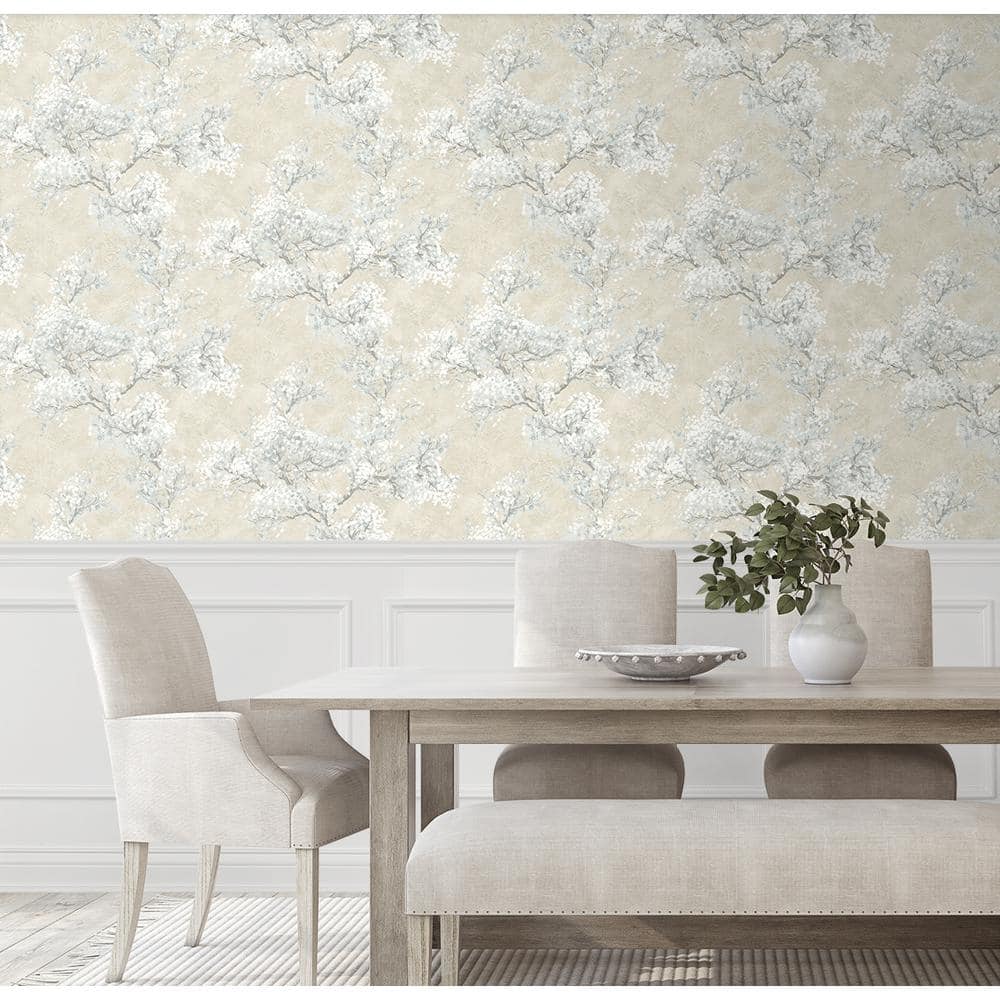 Parchment & Morning Fog Vinyl Floral Peel and Stick Wallpaper