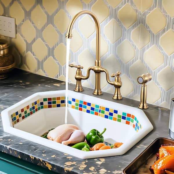 8 in. Centerset 4 Hole Double Handle Brass Bridge Kitchen Faucet with Side Sprayer in Brushed Gold