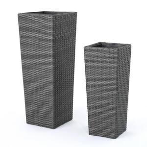 Gray Polyethylene Wicker Tapered Flower Pots with Iron Frame (2-Pack)