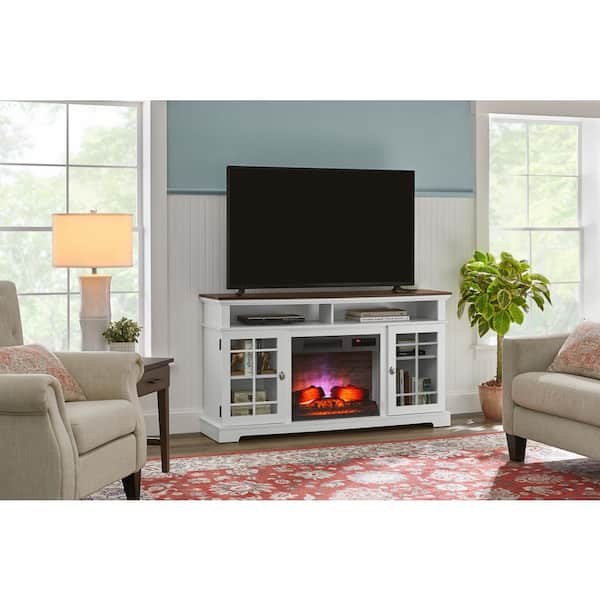 StyleWell Canteridge 60 in. Freestanding Media Console Electric Fireplace TV Stand in White with Brown Top