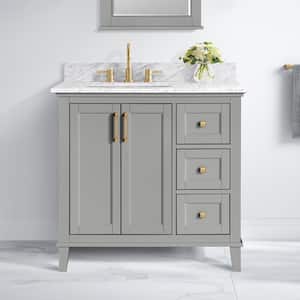 Grayson 37 in. W x 22 in. D x 35 in. H Single Sink Freestanding Bath Vanity in Gray with White Marble Top