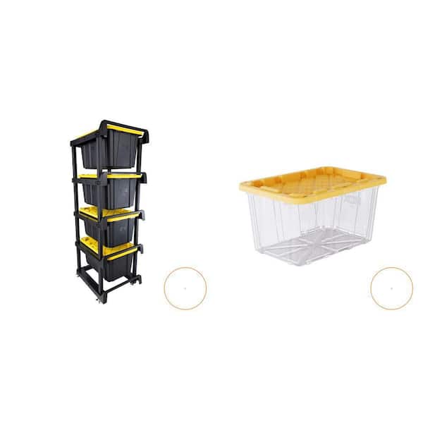 4-Tier Plastic Shelving Tote Stacker with Casters and 27 Gal. Tough Storage Tote in Clear with Yellow Lid (2-Piece Set)