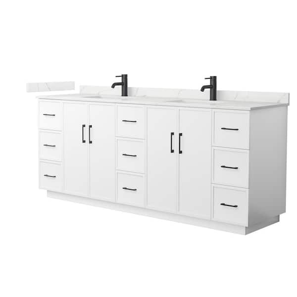 Elan TK 84 in. Double Freestanding White Bath Vanity with Giotto Quartz Top (Assembled)