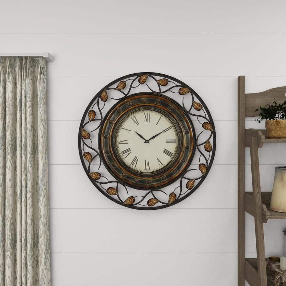36'' Brown Metal Leaf Medallion Wall Clock with Scrolled Vines