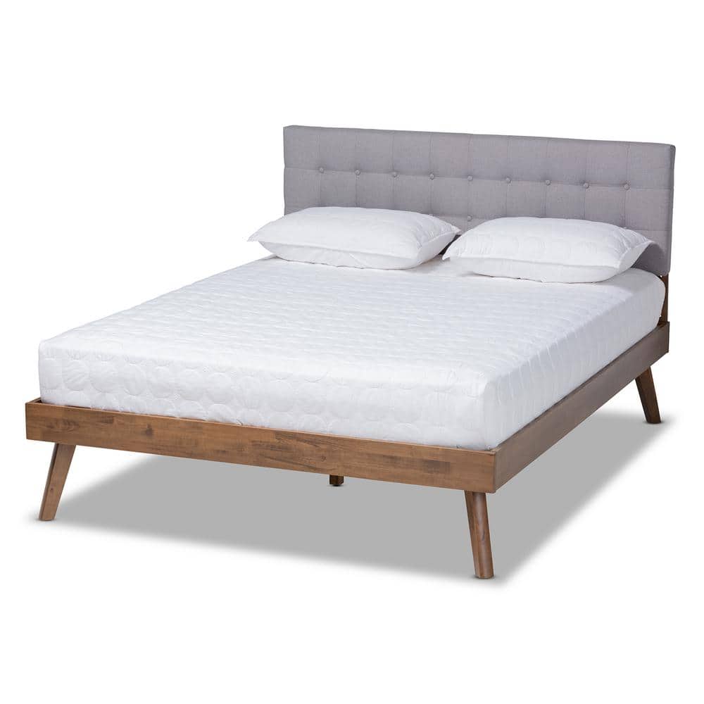 Devan Mid-Century Walnut & Light Grey Tufted Full Bed