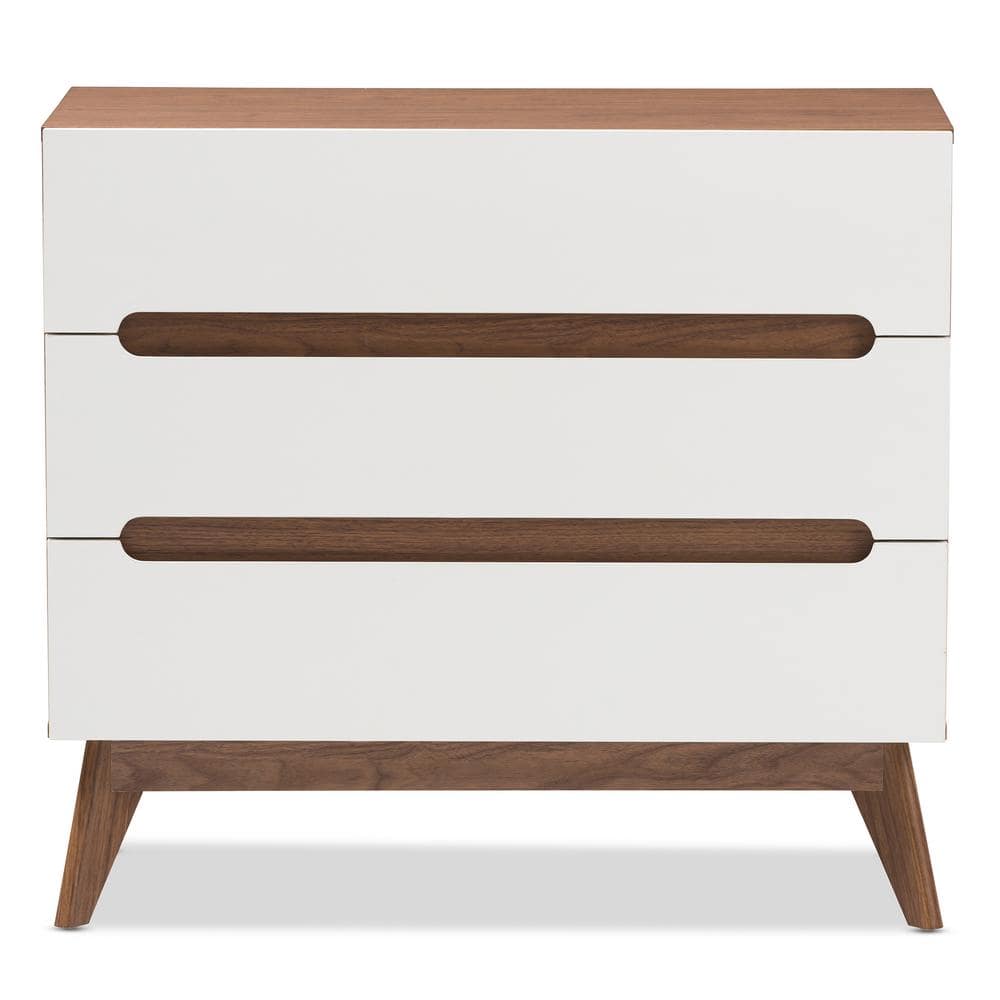White and Walnut Mid-Century Modern 3-Drawer Chest