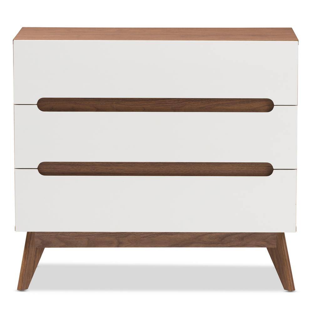 White and Walnut Mid-Century Modern 3-Drawer Chest