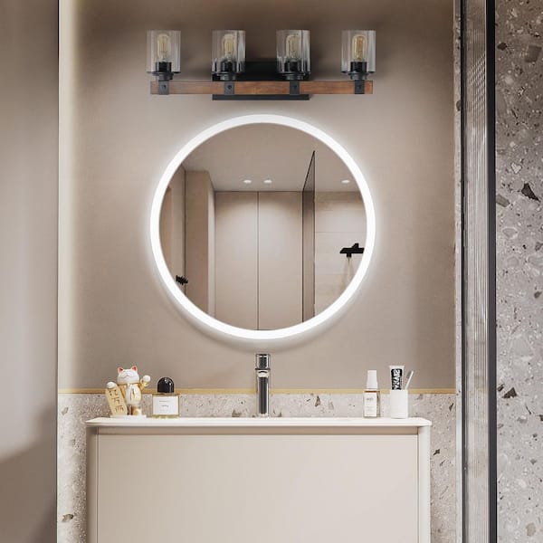 27.2 in. 4-Lights Walnut Vanity Light with Glass Shades and Wood Accent,Industrial Bathroom Wall Sconce (No Bulbs)