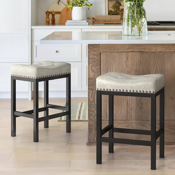 LUE BONA 24 in. Beige Grey Counter Height Saddle Bar Stool Faux
