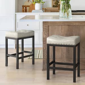 24 in. Light Beige Grey Cushioned Backless Faux Leather Saddle Bar stools with Black Metal Frame (Set of 2)