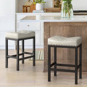 24 in. Light Beige Grey Cushioned Backless Faux Leather Saddle Bar stools with Black Metal Frame (Set of 2)