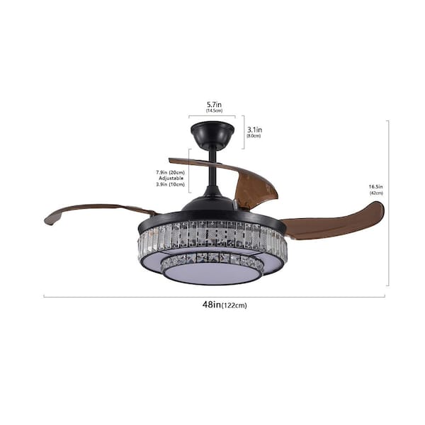 Sunpez 48 in. Black Indoor Ceiling Fan with LED Light Retractable, 6 Speed, Remote Control, Timing, Reversible, Up to 35HZ