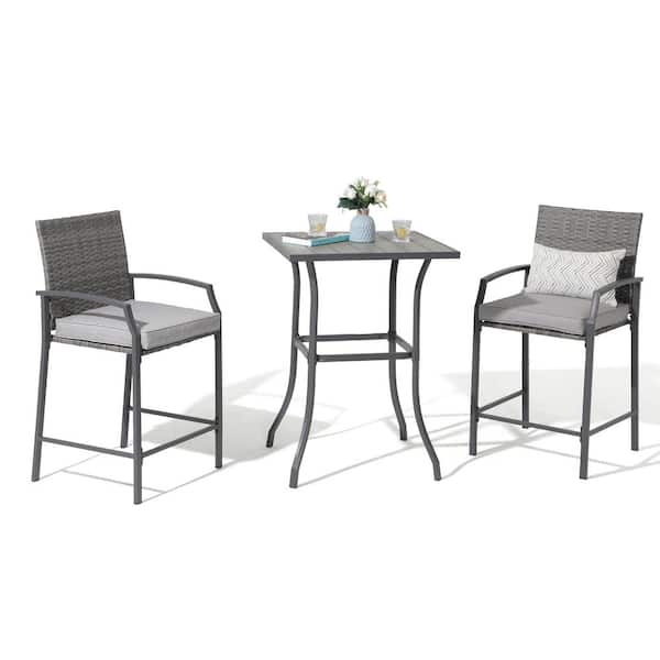 3-Piece Wicker Grey Outdoor Bistro Bar Height Dining Set with Grey Cushions