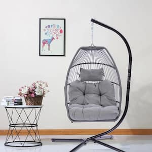 42 in. Black Steel Patio Swing Chair with Cushions and Pillow in Gray