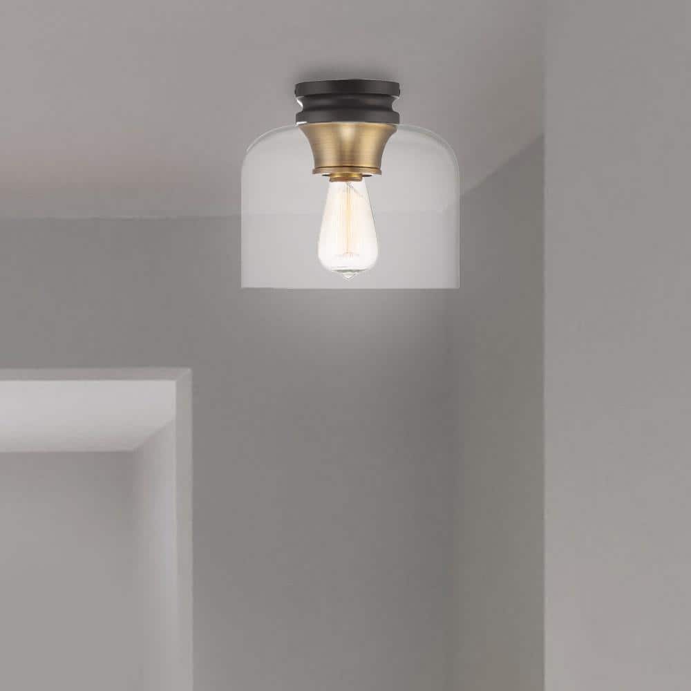 Ezra Vintage Bronze 9" Flush Mount Ceiling Light with Old Satin Brass Accents