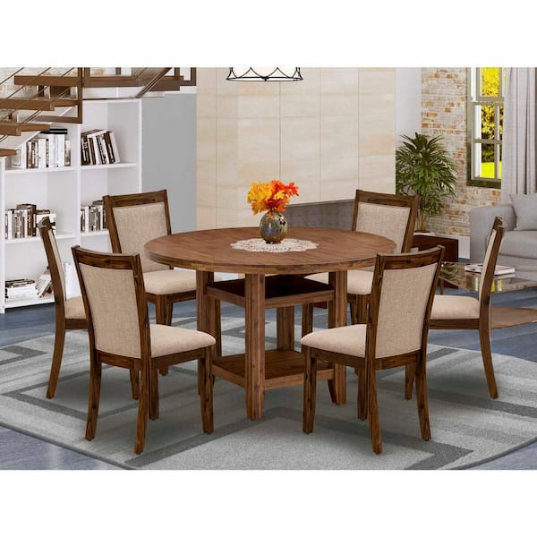 7-Piece Round Natural Oak Finish Solid Wood Top Dining Table with 6-Parson Chairs with Lattice Back