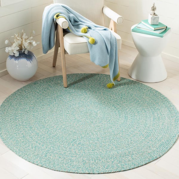 Braided Teal/Ivory 6 ft. x 6 ft. Round Geometric Area Rug