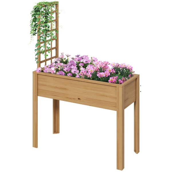 Unbranded Raised Garden Bed with Trellis for Climbing Plants, Elevated Wood Planter, Natural Color, Growing Vegetables.