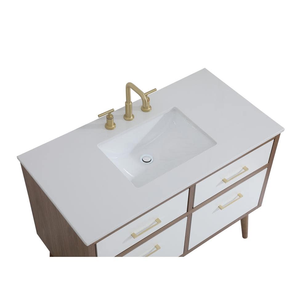 42" White MDF Bathroom Vanity with Gold Hardware and Engineered Marble Countertop