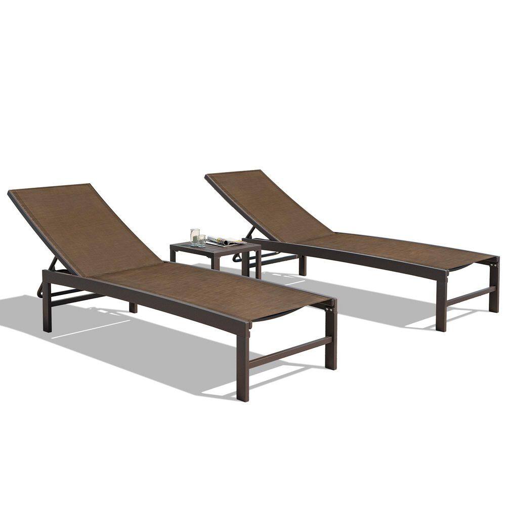 Ergonomic Outdoor Aluminum Lounge Set with Adjustable Chairs & Side Table - Brown