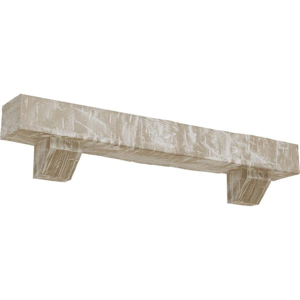Ekena Millwork 4 in. x 6 in. x 6 ft. Hand Hewn Faux Wood Fireplace Mantel Kit, Ashford Corbels, Whitewashed