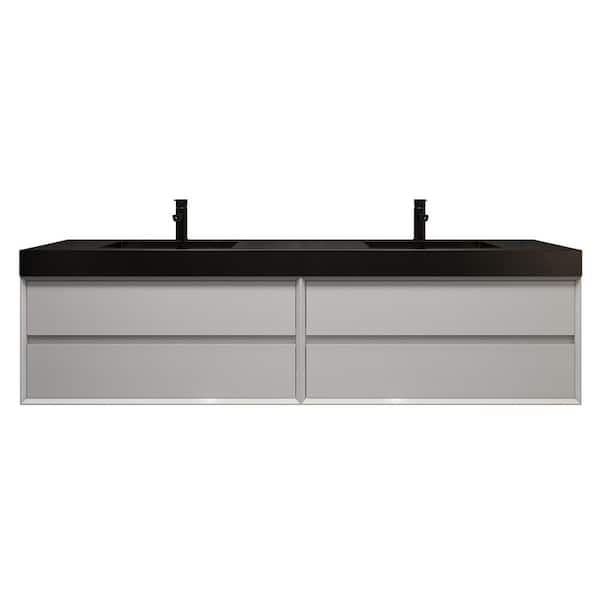 MIA 84 in. W x 20 in. D x 24 in. H Double Sink Floating Bath Vanity in Gloss White with Black Stainless Steel Top