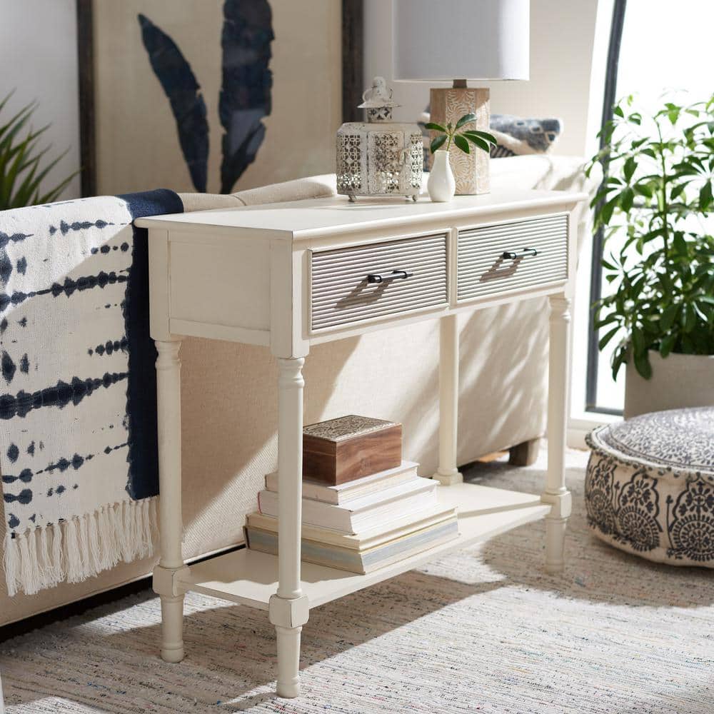 Distressed White and Greige 2-Drawer Console Table with Storage