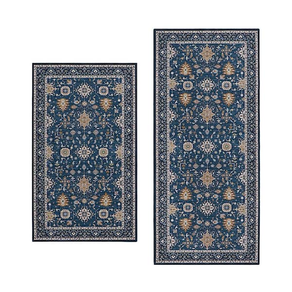Aure Chenille Blue 2 ft. x 5 ft. Woven Floral Polyester 2-Piece Rug Set