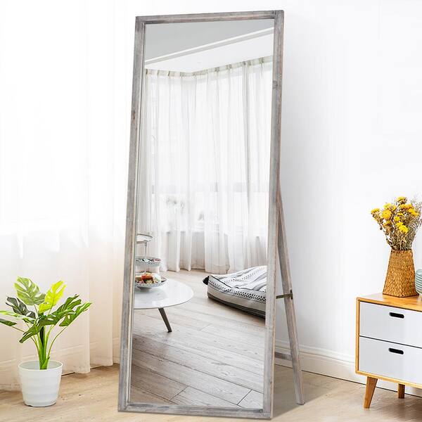 PexFix Retro 65 in. x 22 in. Grey Distessed Wood Frame Floor Mirror Full Length Standing for Farmhouse