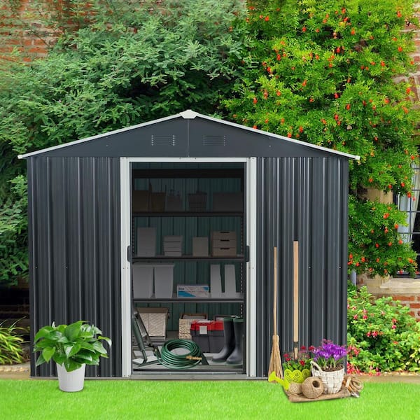 Durab, 8 ft. W x 10 ft. D, Outdoor Metal Storage Shed with Floor Base, Black, 80 sq. ft.
