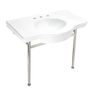 Manchester 37 in. Ceramic Console Sink Set with Stainless Steel Legs in White/Polished Nickel