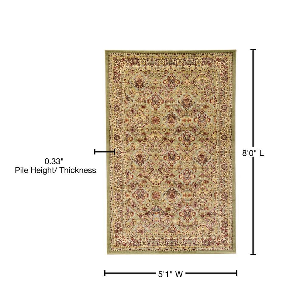 Light Green Synthetic Floral Motif Area Rug, 5' x 8'