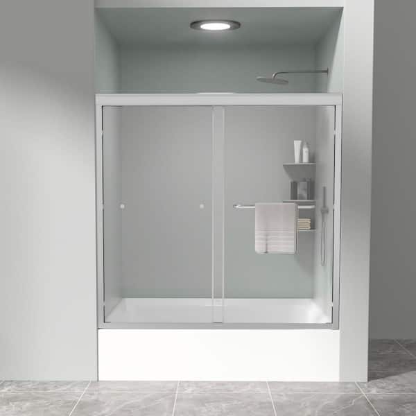 Double Sliding Bathtub Shower Door 56-60" W x 58" H Semi-Frameless in Chrome with 1/4" (6mm) Clear SGCC Tempered Glass
