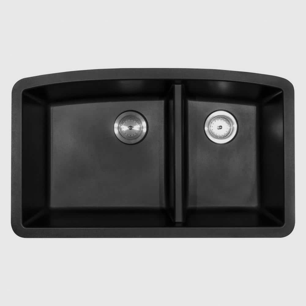 MSI 32.5 in. Undermount Double Bowl Black Quartz Kitchen Sink with ...