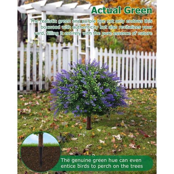 0.79 in. Green Outdoor Artificial Boxwood Shrub Set with Lavender