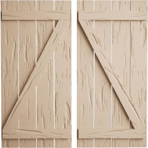 Ekena Millwork 23.5 in. x 38 in. Timberthane Polyurethane 4-Board Spaced Board-n-Batten Pecky Cypress Faux Wood Shutters w/Z-Board Pair