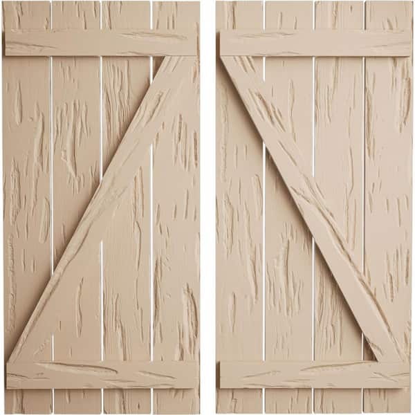 Ekena Millwork 23.5 in. x 66 in. Timberthane Polyurethane 4-Board Spaced Board-n-Batten Pecky Cypress Faux Wood Shutters w/Z-Board Pair