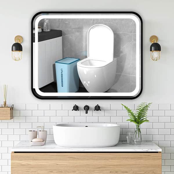 Cesicia 40 in. W x 32 in. H Rectangular Black Framed Wall Mount Bathroom Vanity Mirror with LED Dimmable Anti-Fog