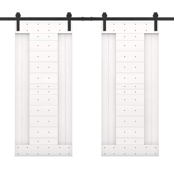 CALHOME 60 in. x 84 in. Pure White Stained DIY Knotty Pine Wood Interior Double Sliding Barn Door with Hardware Kit