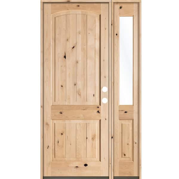 Krosswood Doors 44 in. x 96 in. Rustic Unfinished Knotty Alder Arch Top VG Left-Hand Right Half Sidelite Clear Glass Prehung Front Door