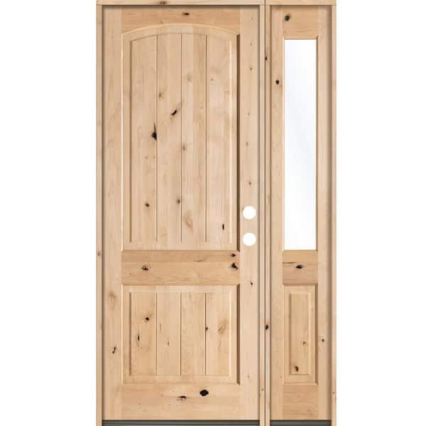 Krosswood Doors 56 in. x 96 in. Rustic Knotty Alder Arch Top VG Unfinished Left-Hand Inswing Prehung Front Door Right Half Sidelite