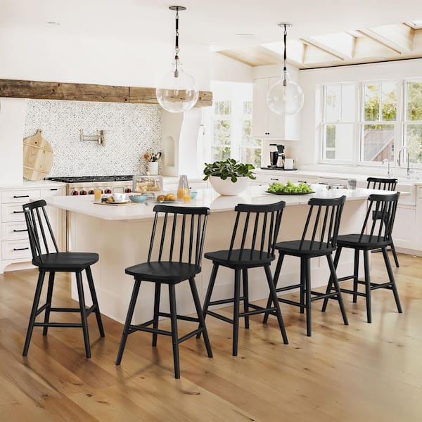 24 in. Black Swivel Counter Height Bar Stools Solid Wood Bar Chair (Set of 6)
