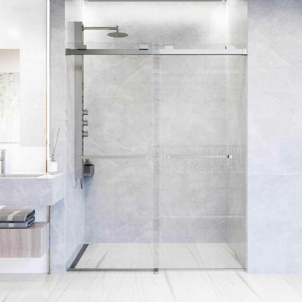 Houston Frameless Sliding Shower Door with Clear Glass and Stainless Steel Finish