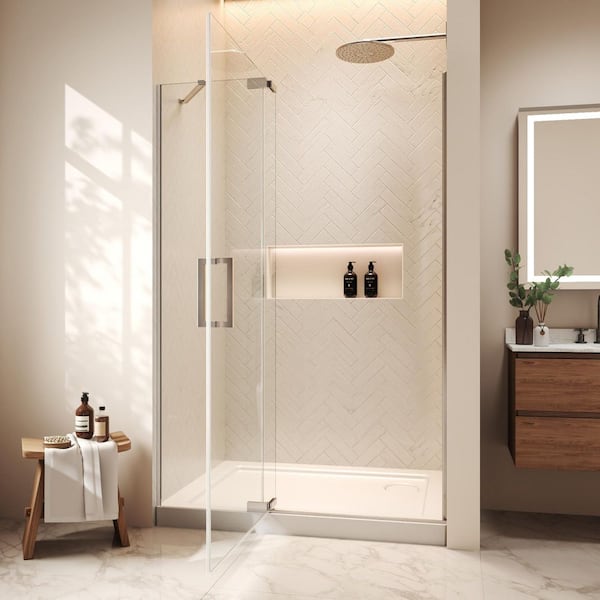 44-48 in. W x 70 in. H Pivot Semi-Frameless Shower Door in Brushed Nickel with 1/4 in. Clear Tempered Glass