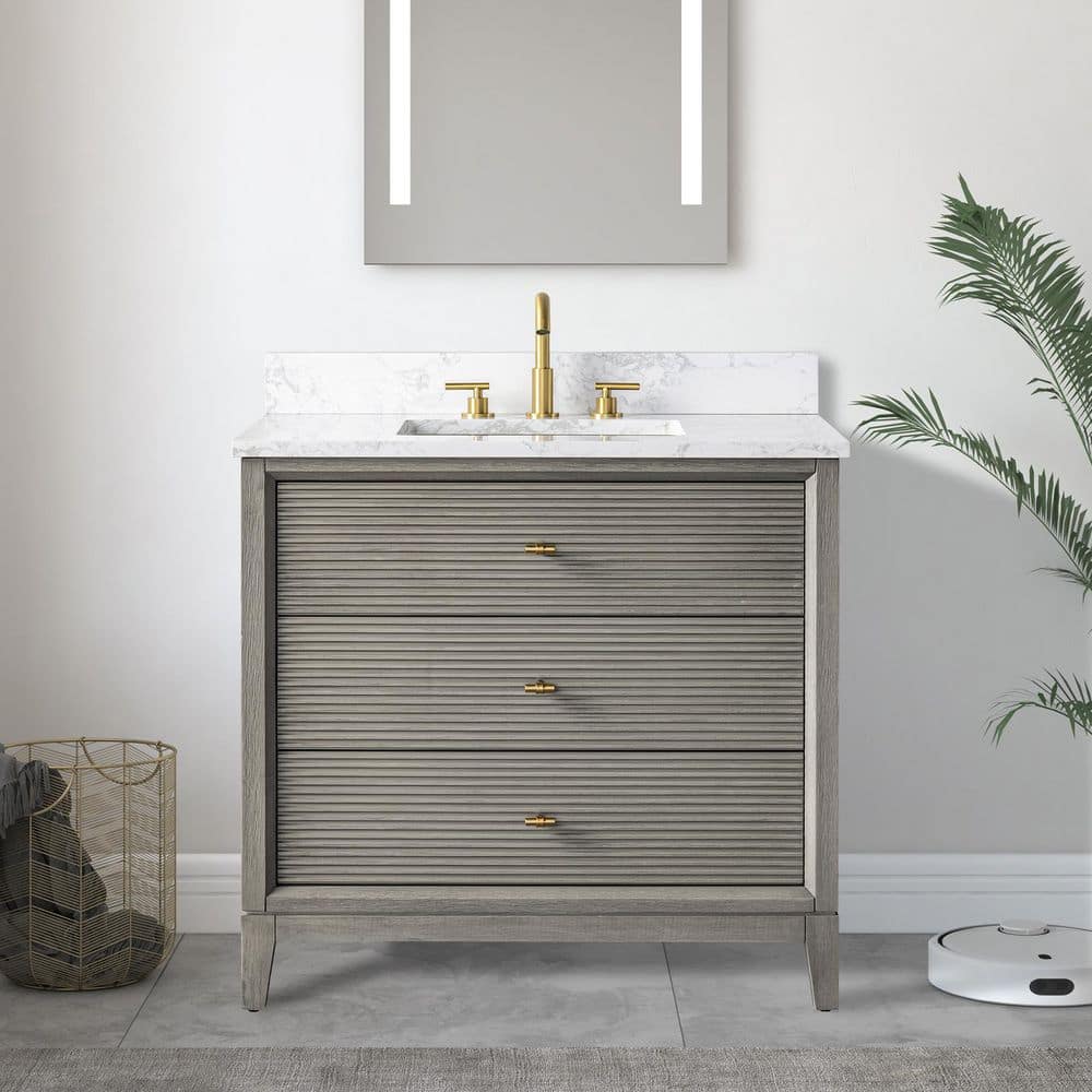 36 in. W x 34 in. H Single Sink Driftwood Gray Bath Vanity Cabinet with Arabescato White Engineered Marble Top price history on PriceWatchPro