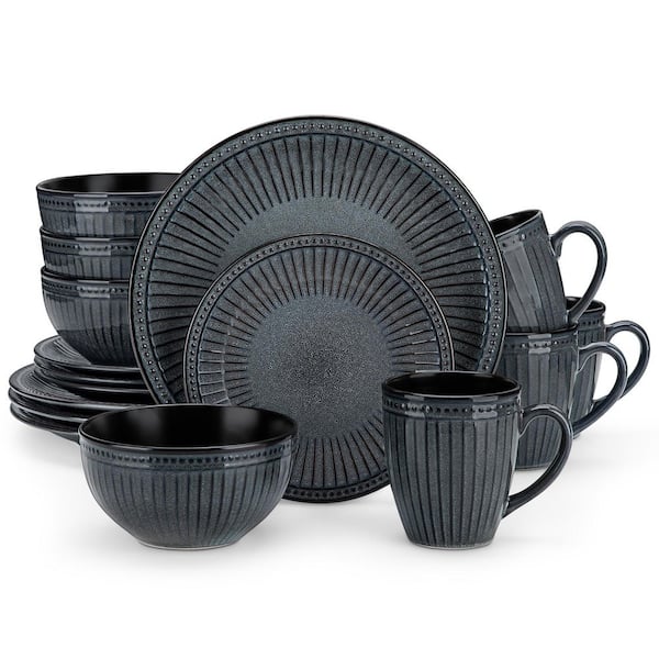 16-Piece Black Grey Porcelain Dinnerware Set Service for 4-Bowls and Plates Dinner Set Embossed Dots Pattern Tableware