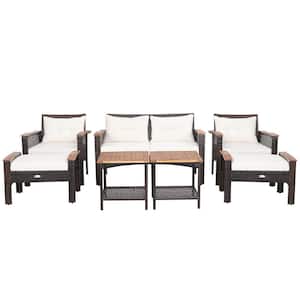 7-Piece Patio Rattan Furniture Set Cushioned Loveseat Sofa Ottoman Table in Off White