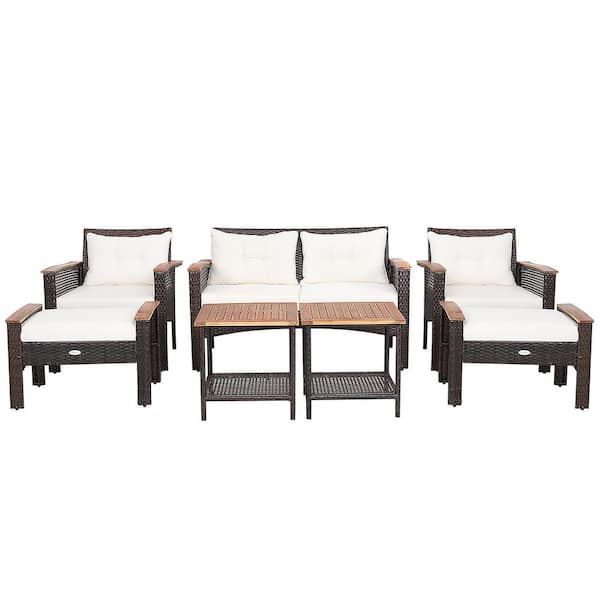 Costway 7-Piece Patio Rattan Furniture Set Cushioned Loveseat Sofa Ottoman Table in Off White